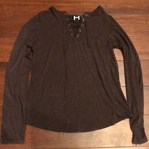 Trendy Mocha Lace Up Shirt